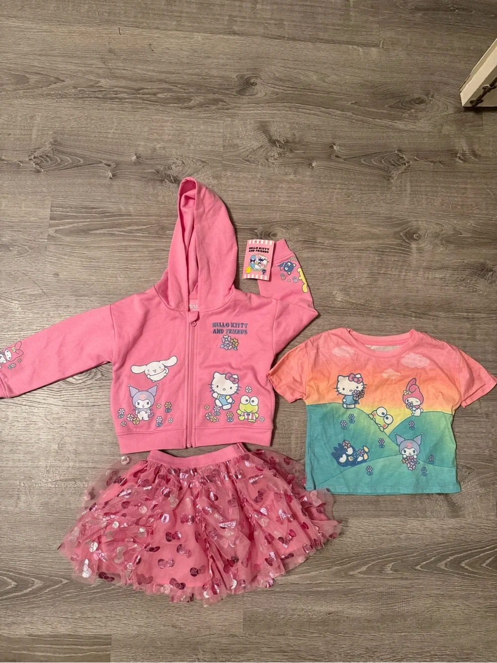 3 piece set-Hello Kitty Pink Hoodie, Rainbow T and tutu skirt